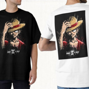 "حزمة تيشورتات قطنية بلونين أبيض وأسود مع تصميم فني لشخصية لوفي من أنمي ون بيس"
