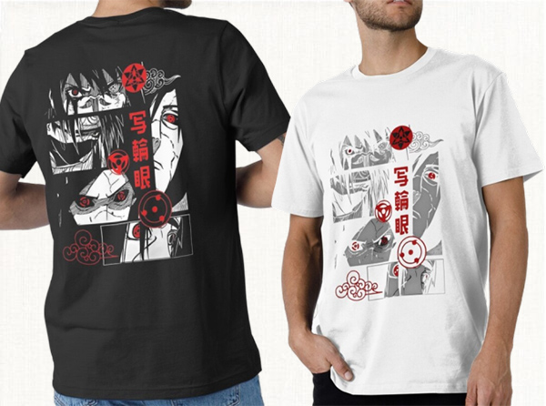 "حزمة تيشورتات قطنية باللونين الأبيض والأسود مع تصميم شارينغان من أنمي ناروتو"