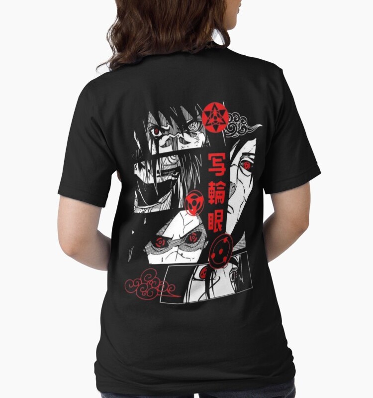"تيشورت قطن ناعم باللون الأسود مع تصميم شارينغان من أنمي ناروتو" - Image 2