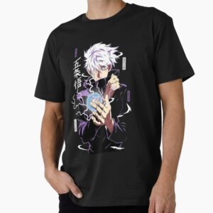 "تيشورت قطن ناعم باللون الأسود مع شخصية سوجيرو غوجو من أنمي جوجوتسو كايسن"