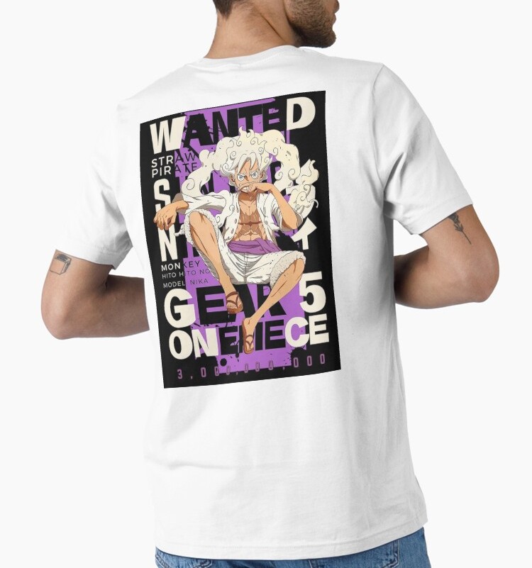 "تيشورت قطن ناعم باللون الأبيض مع شخصية لوفي - جير 5 من أنمي ون بيس"