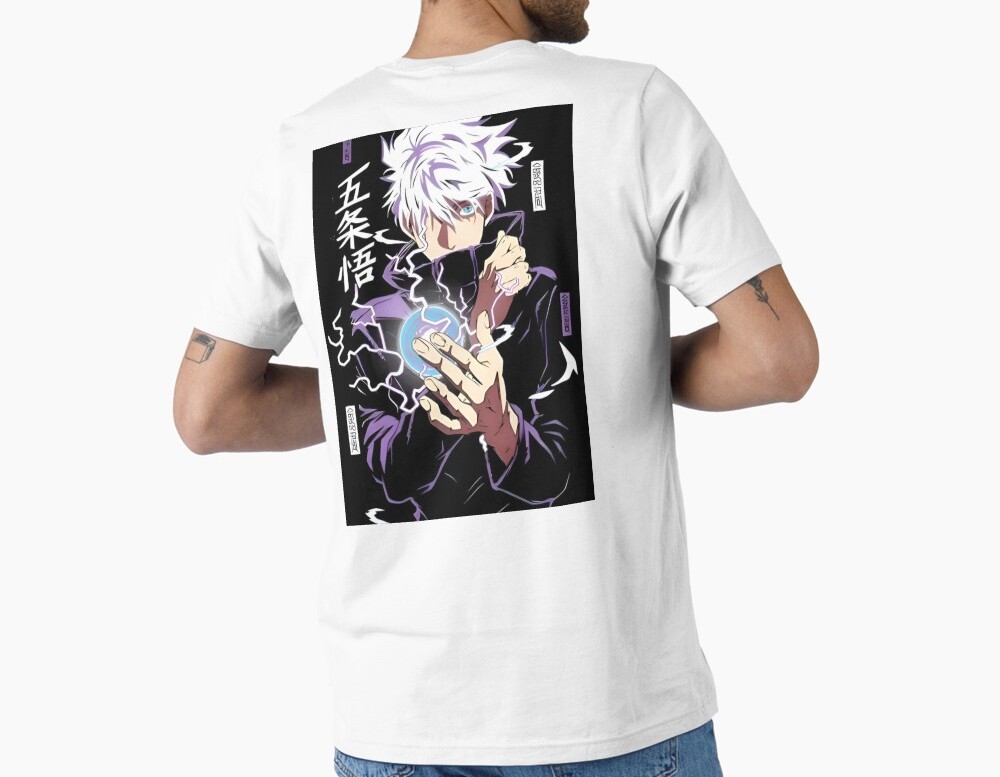 "تيشورت قطن ناعم باللون الأبيض مع شخصية سوجيرو غوجو من أنمي جوجوتسو كايسن" - Image 5