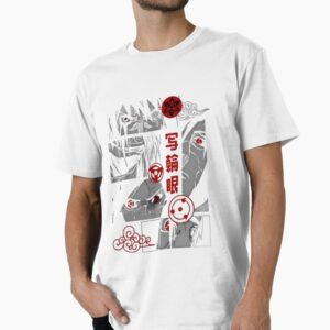"تيشورت قطن ناعم باللون الأبيض مع تصميم شارينغان من أنمي ناروتو"