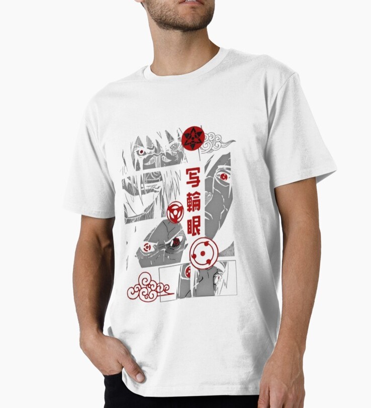 "تيشورت قطن ناعم باللون الأبيض مع تصميم شارينغان من أنمي ناروتو"